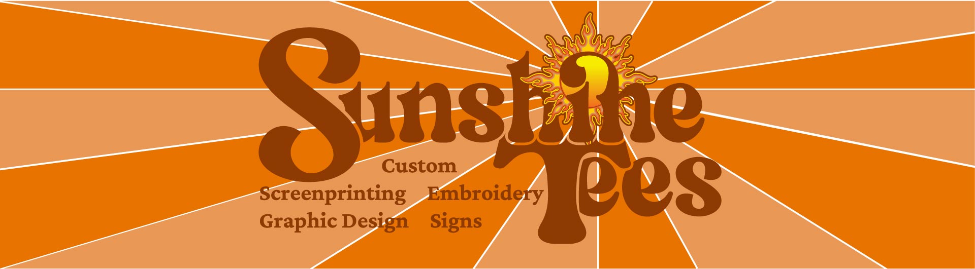 Sunshine Tees is written in maroon on a background with orange rays emanating from a sun